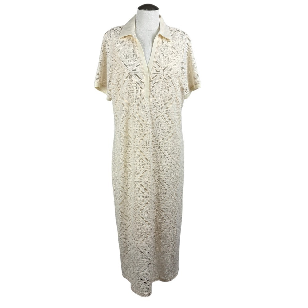 Seraphine Cream‎ Crochet Knit Midi Dress Polo Collar Short Sleeve Maxi Dress 14